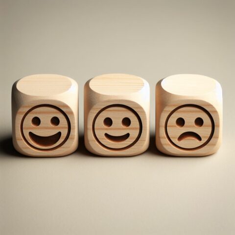 Tre dadi di legno con faccine incise: due sorridenti e uno triste.