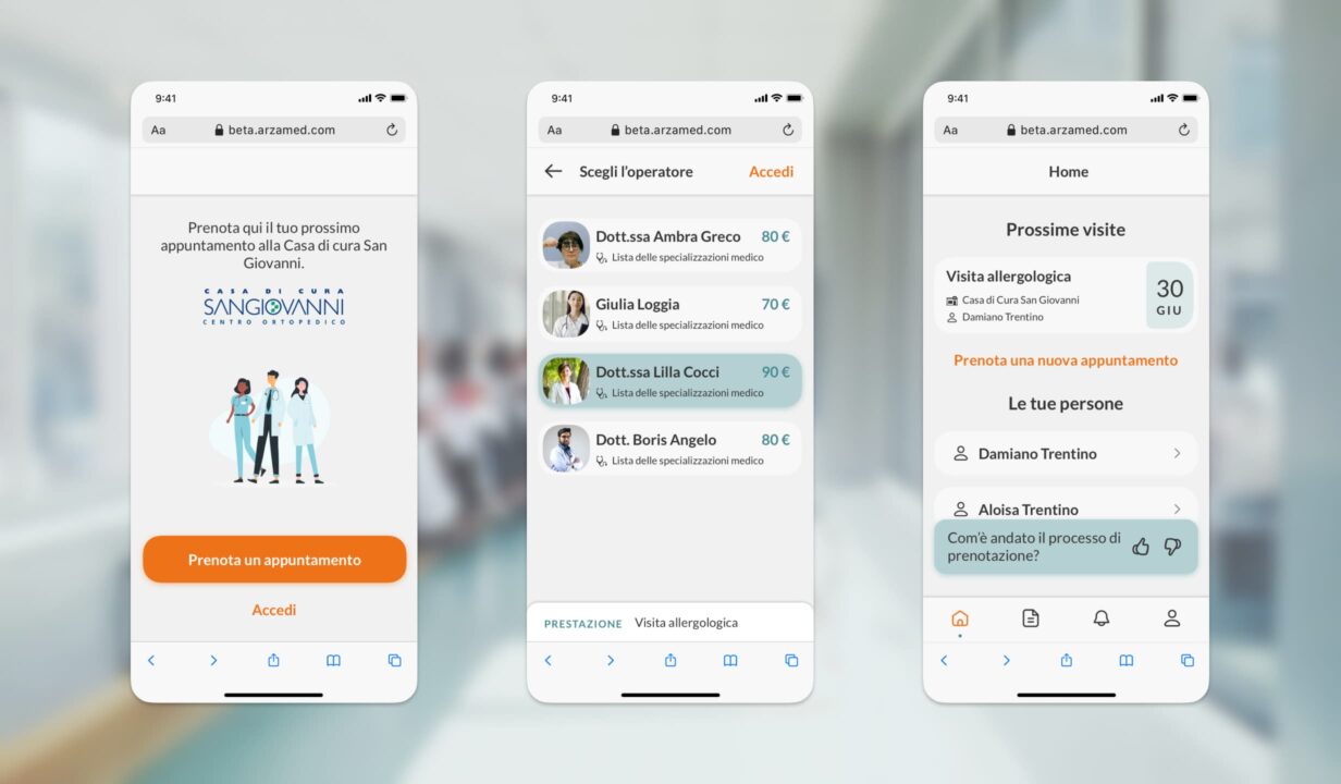 Wireframe dell'applicazione web di Arzamed, realizzato da Slooow, che mostra la possibilità di vedere le prossime visite e scegliere il dottore.