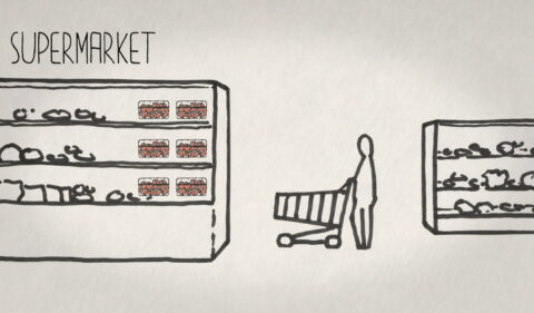Fumetto che rappresenta una persona che contempla un supermercato, con dettagli di scaffali e articoli in vista.