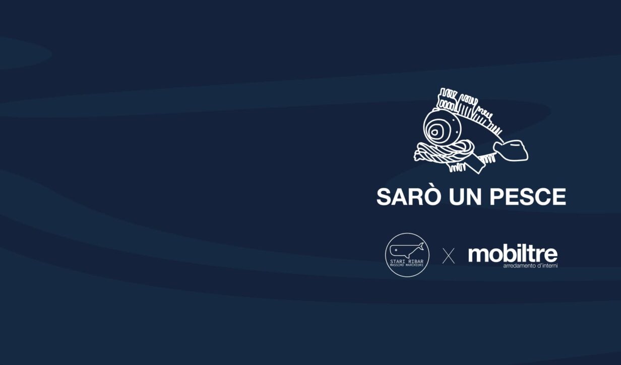 Sfondo blu scuro con illustrazione stilizzata di un pesce composto da materiali di recupero. Testo "SARÒ UN PESCE" e loghi di Start Ribar e Mobiltre.