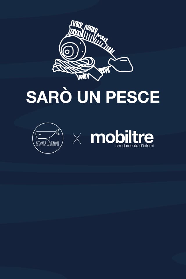 Sfondo blu scuro con illustrazione stilizzata di un pesce composto da materiali di recupero. Testo "SARÒ UN PESCE" e loghi di Start Ribar e Mobiltre.