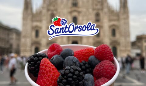 Contenitore con frutti rossi di Sant'Orsola e il Duomo di Milano sullo sfondo.