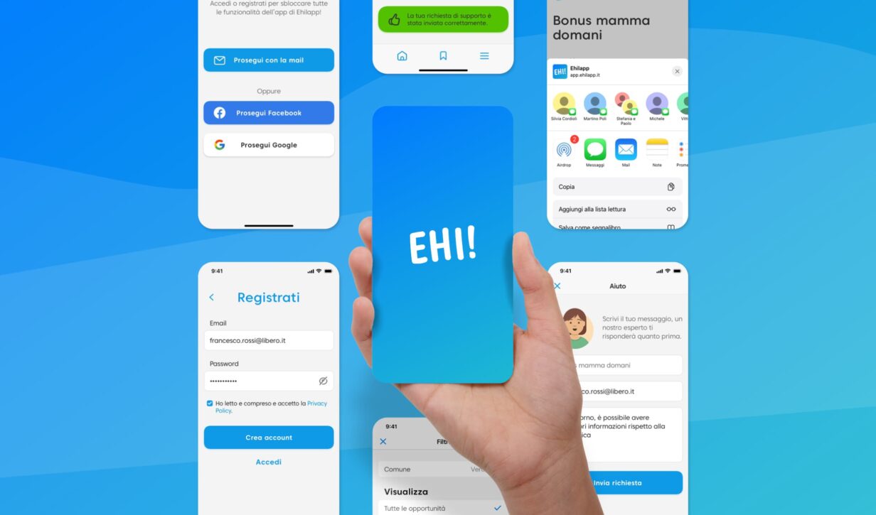 "Diversi wireframe dell'app EhilaApp, con focus sull'accesso iniziale e le diverse fasi di login.
