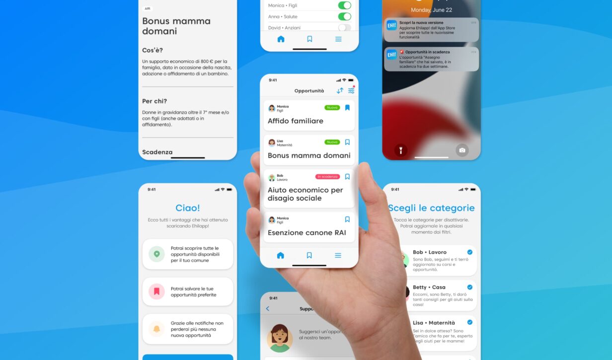 Diversi wireframe dell'app EhilaApp, con focus sulle diverse opportunità, bonus e altre funzionalità.