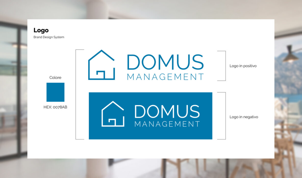 Revisione del nuovo logo di Domus Management, presentato in due varianti: versione in positivo con colori scuri su sfondo chiaro e versione in negativo con colori chiari su sfondo scuro.