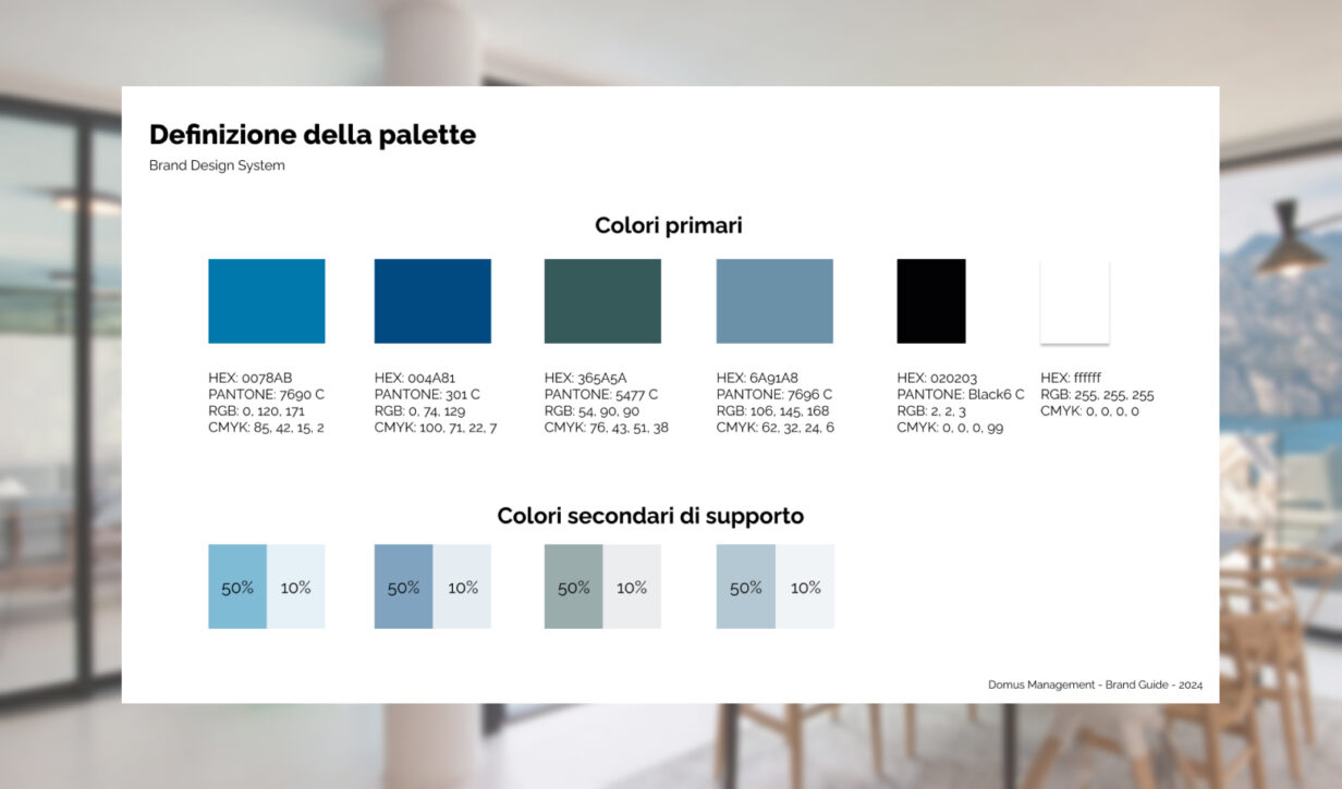 Definizione della palette colori, con colori primari (azzurro, blu, verde, nero, bianco) e colori secondari di supporto.