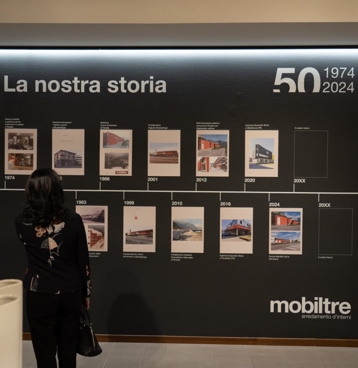 Una parete espositiva che racconta la storia di mobiltre, con una signora che osserva attentamente le immagini.