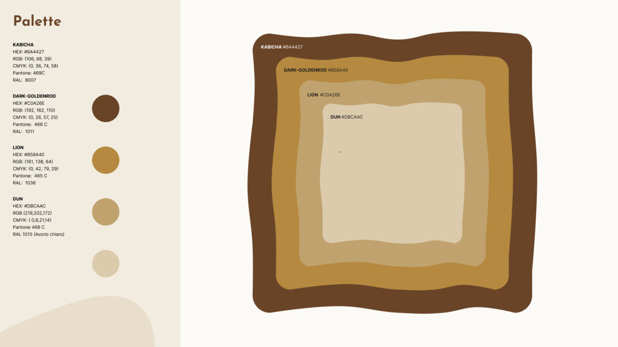Palette colori per il brand, con tonalità ispirate alla terra e alla tradizione: marrone scuro, ocra dorato, beige caldo e avorio chiaro.