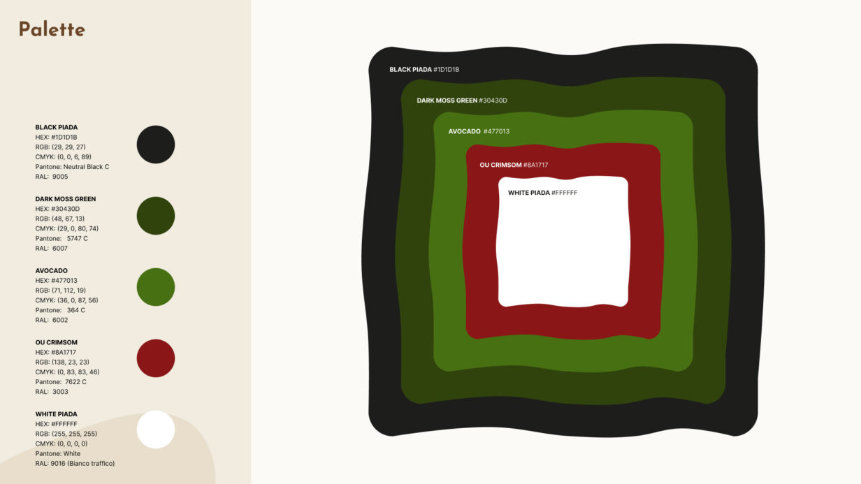 Palette di colori del brand con cinque tonalità: nero, verde scuro, verde brillante, rosso e bianco.