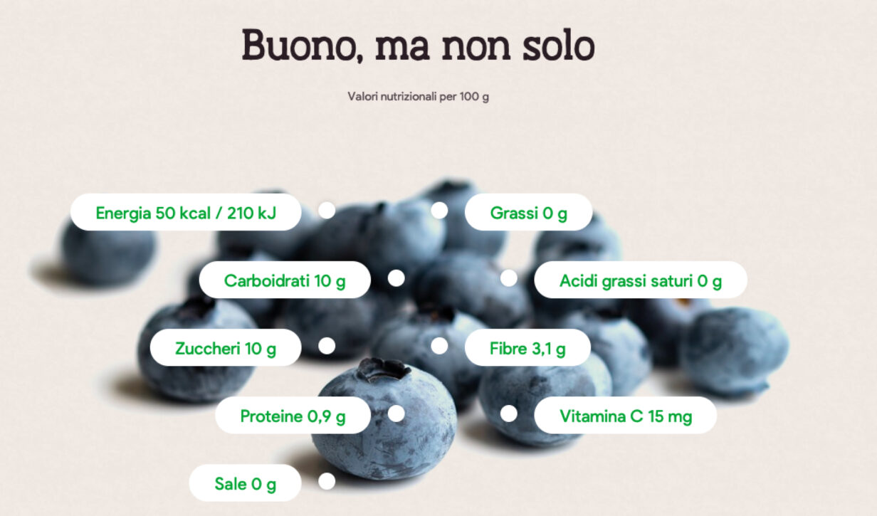 Descrizione dei valori nutrizionali del mirtillo.