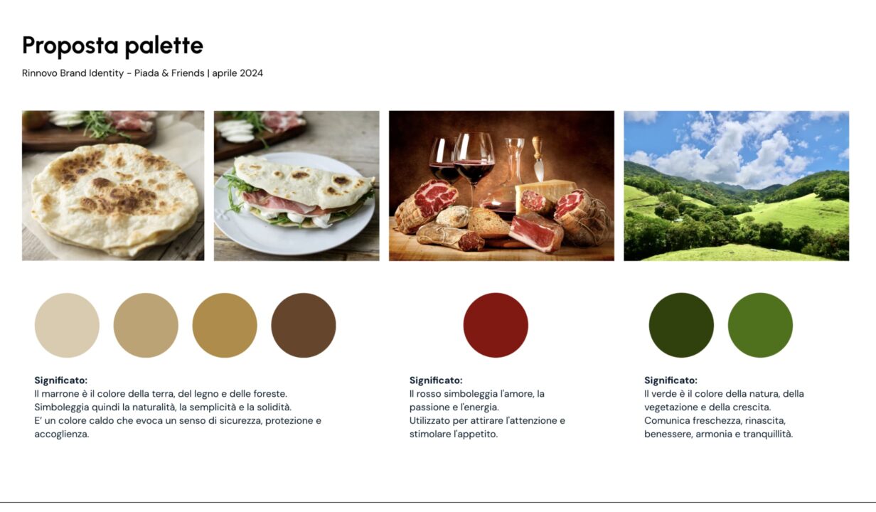 Proposta di palette colori per il rinnovo del brand "Piada & Friends", con tonalità di marrone, rosso e verde ispirate alla natura e agli ingredienti.