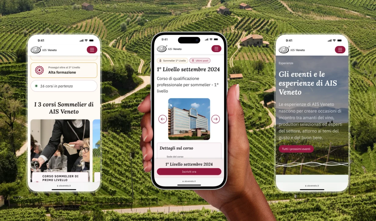 Anteprime mobile del sito AIS Veneto con schermate di corsi, eventi ed esperienze.