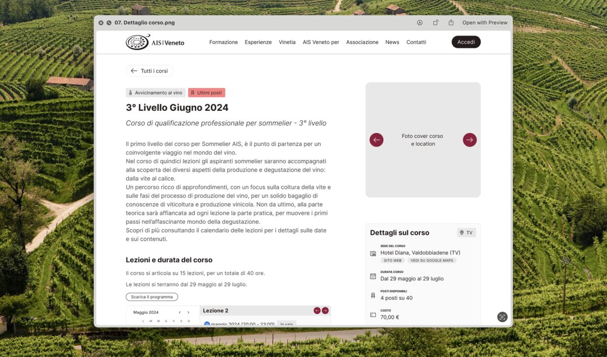 Pagina web del corso di 3° livello di AIS Veneto, con un vigneto sullo sfondo.