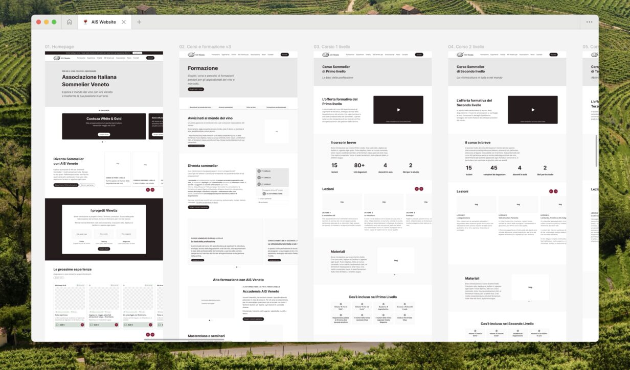 Wireframe del sito AIS Veneto, evidenziando corsi di formazione e home page.